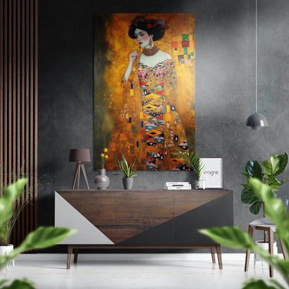 Klimt Golden Mosaic Lady Portrait Brushed Aluminum Dibond Wall Art