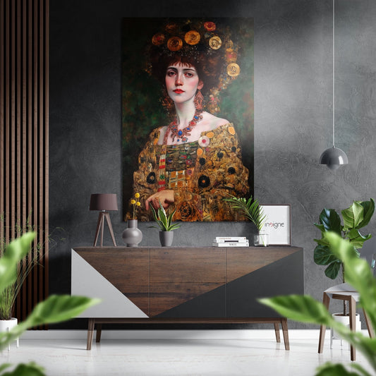 Modern interior with Klimt portrait featuring woman in gold patterned dress and floral crown displayed above wooden console table.
