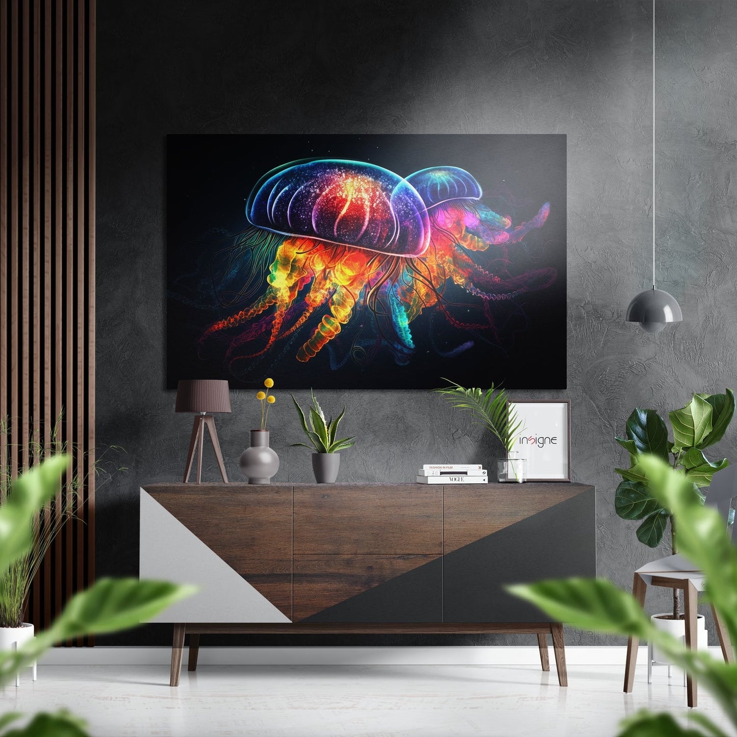 Single Neon Jellyfish on Black Brushed Aluminum Dibond Wall Art