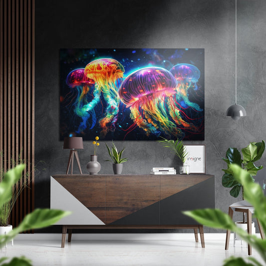 Neon glowing jellyfish artwork displayed above wooden console table in modern living room with plants and pendant light.