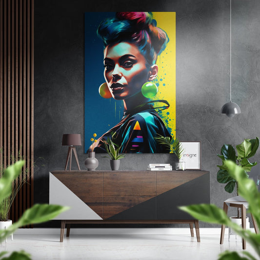 Vibrant pop art portrait of a woman with colorful hair and green circular earrings displayed above a wooden dresser in a modern interior setting.