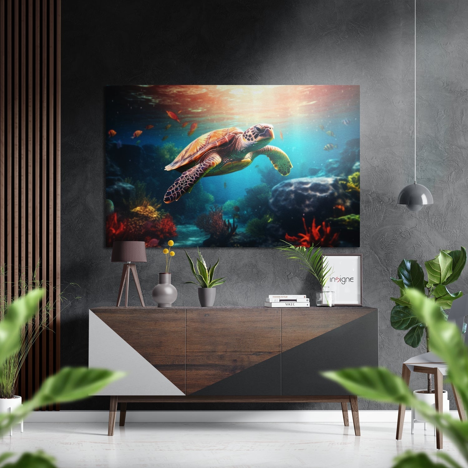 Sea turtle swimming underwater with coral and sunlight, displayed above wooden console table in modern room setting.