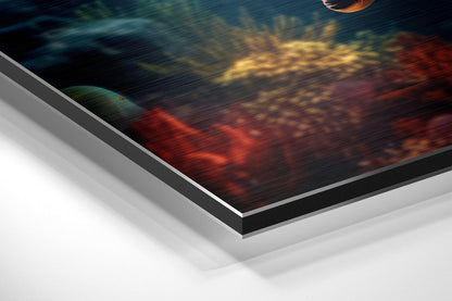 Close-up angled view of brushed aluminum dibond print showing sea turtle with blue, green, red, and gold tones against dark water background.