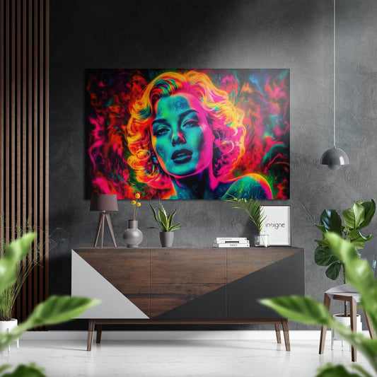 Vibrant neon pop art portrait with rainbow colors displayed above a wooden credenza in a modern interior setting.