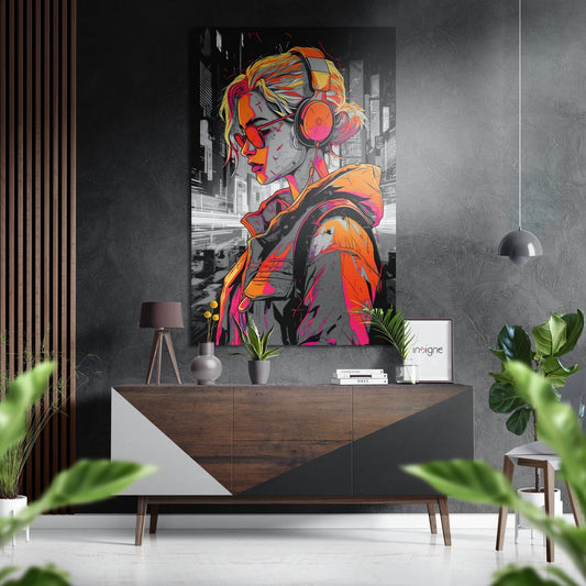 Vibrant pop art aluminum wall art of a woman with headphones displayed above a wooden console in a modern interior with plants and pendant lighting.
