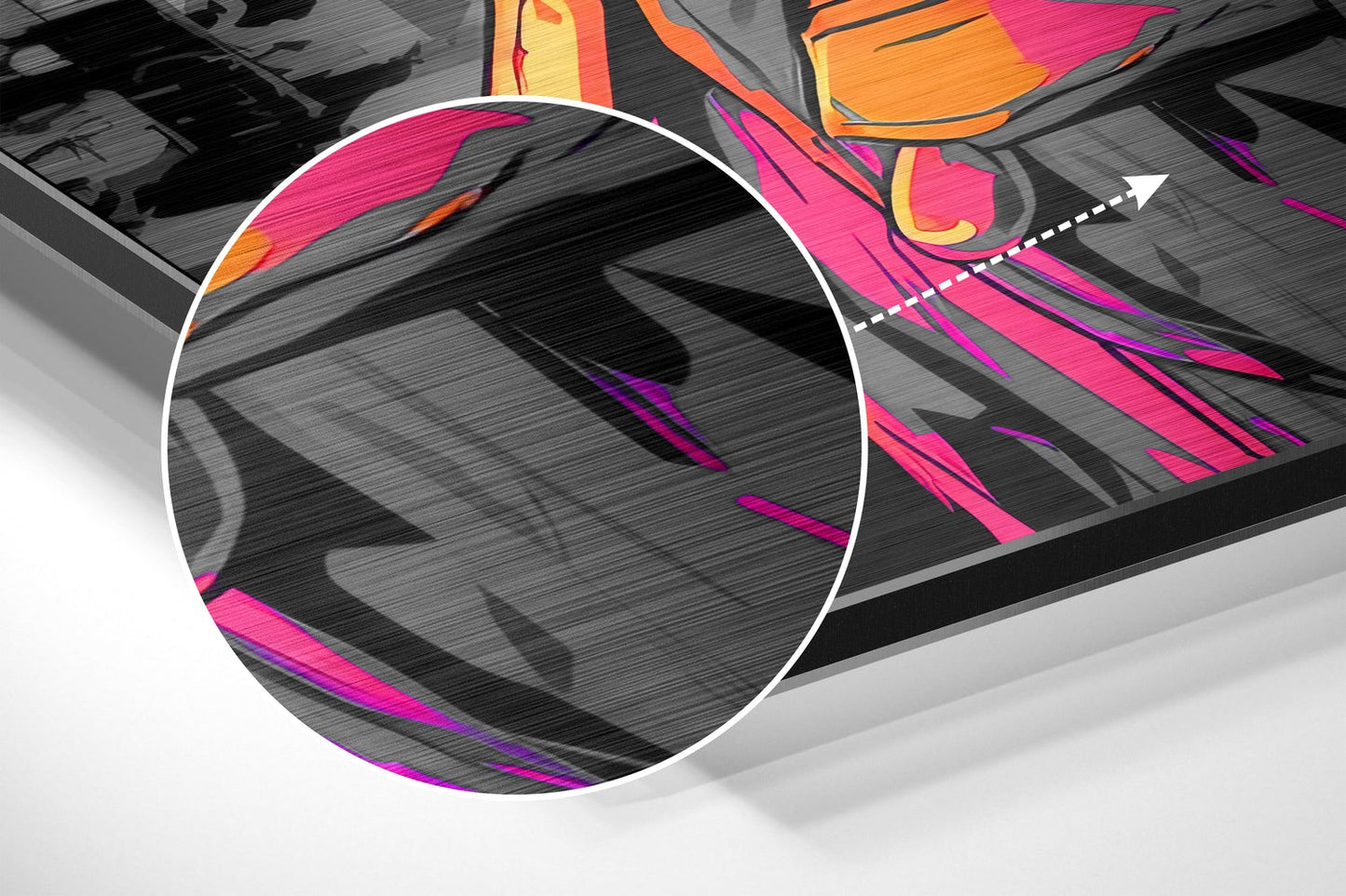Close-up detail of brushed aluminum wall art showing magnified section with magenta, orange, and purple abstract brushstrokes on textured gray surface.
