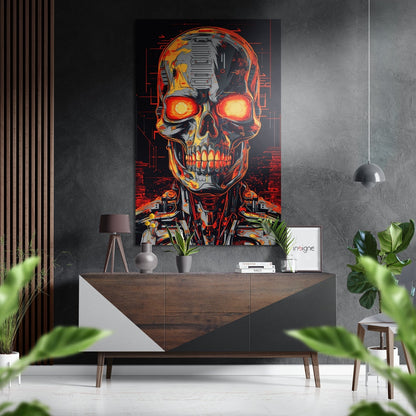 Chrome Robot Skull Glowing Orange Eyes Brushed Aluminum Dibond Wall Art