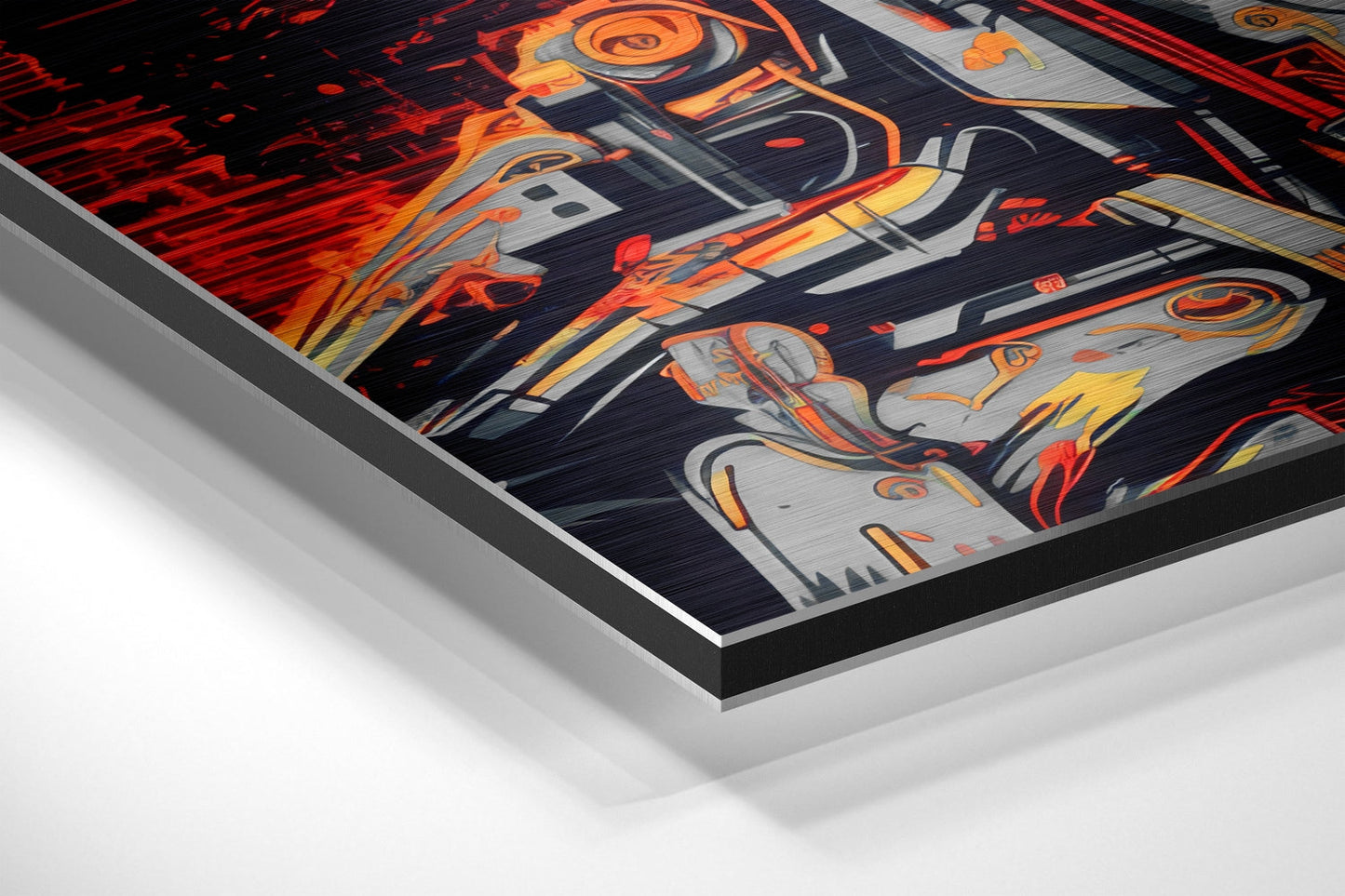 Chrome Robot Skull Glowing Orange Eyes Brushed Aluminum Dibond Wall Art