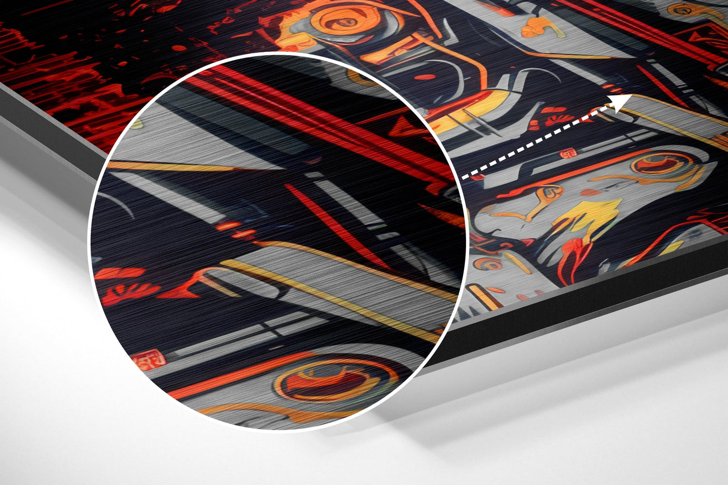 Chrome Robot Skull Glowing Orange Eyes Brushed Aluminum Dibond Wall Art