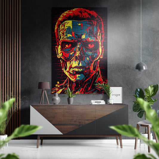 Vibrant pop art cyborg head with red, yellow, and blue mechanical features displayed above a wooden dresser in a modern interior setting.
