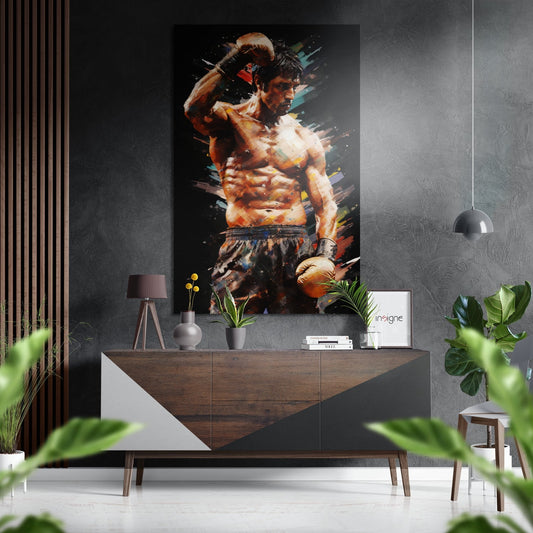 Colorful splatter boxer art hangs above wooden console in modern room with plants and pendant light.