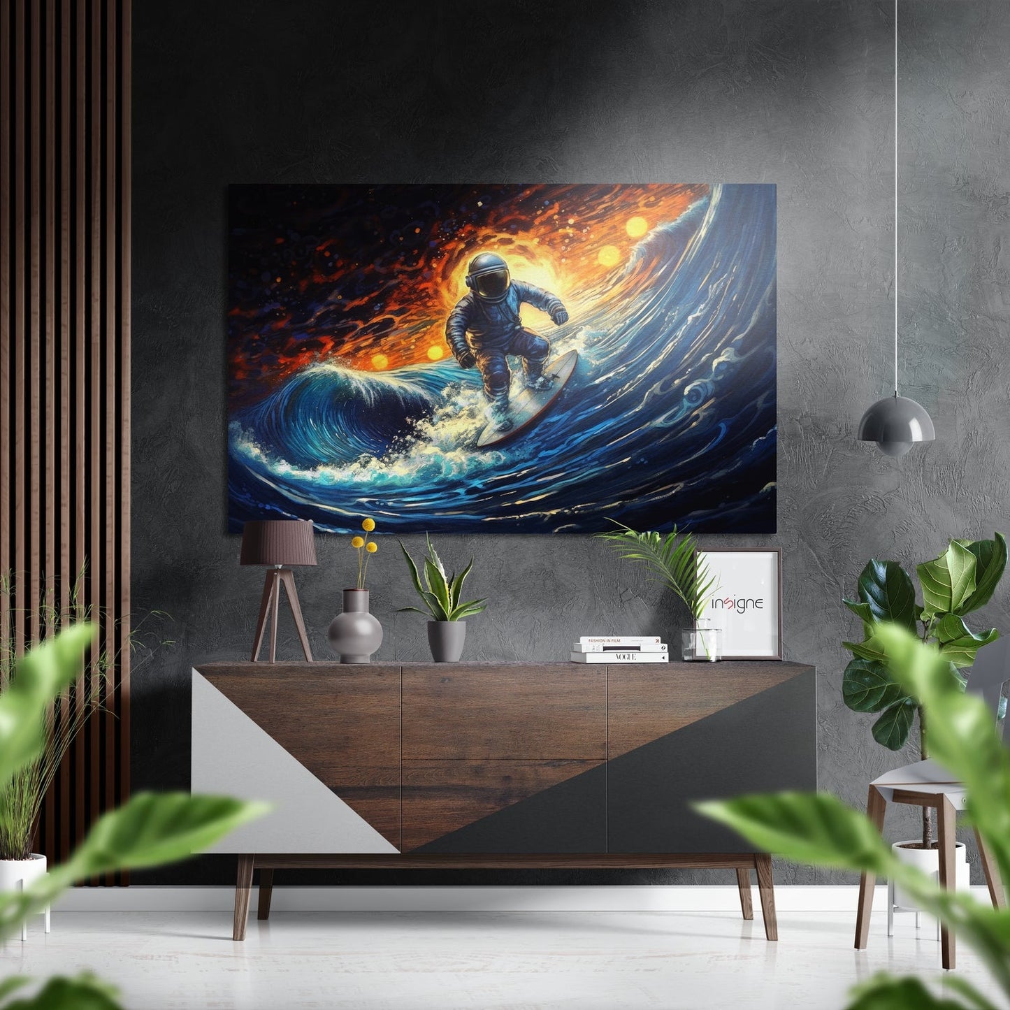 Astronaut Surfer Fiery Orange Sky Brushed Aluminum Dibond Wall Art