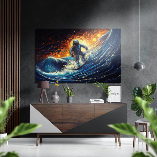 Modern living room interior featuring astronaut surfer artwork displayed above wooden console table with décor and plants.