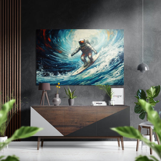 Astronaut surfing a swirling blue and white wave artwork displayed above a wooden dresser in a modern interior setting.