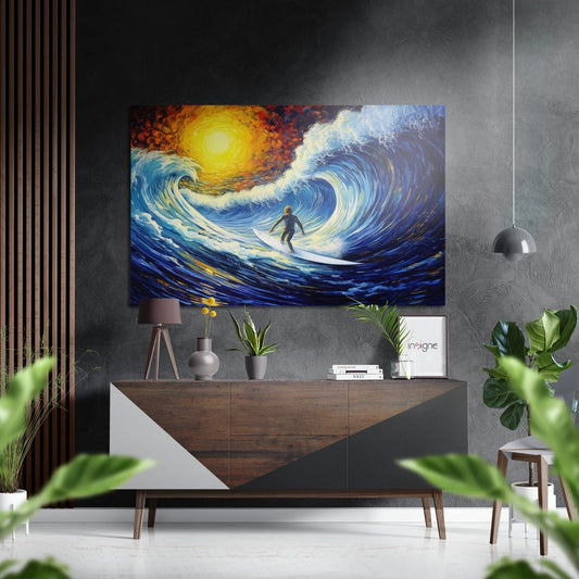 Modern living room with wooden console displaying "Through the Waves" surfing artwork featuring vibrant blue ocean and golden sun above.