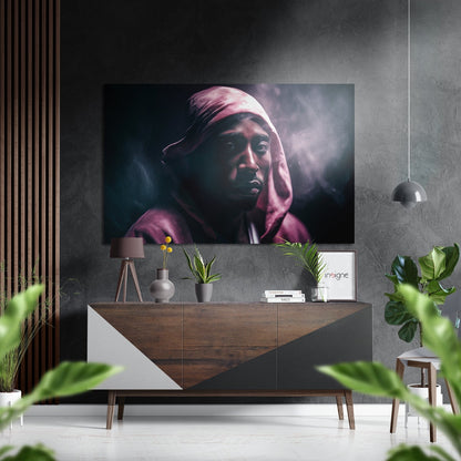 Pink Hooded Rapper In Smoke Brushed Aluminum Dibond Wall Art