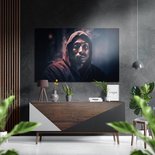 Modern living room interior displaying red-hooded rapper portrait in blue haze mounted above wood and white credenza with plants and accessories.