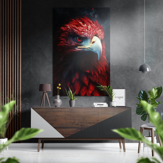 Red eagle brushed aluminum wall art hanging above wooden console table in modern interior setting with plants and pendant lamp.