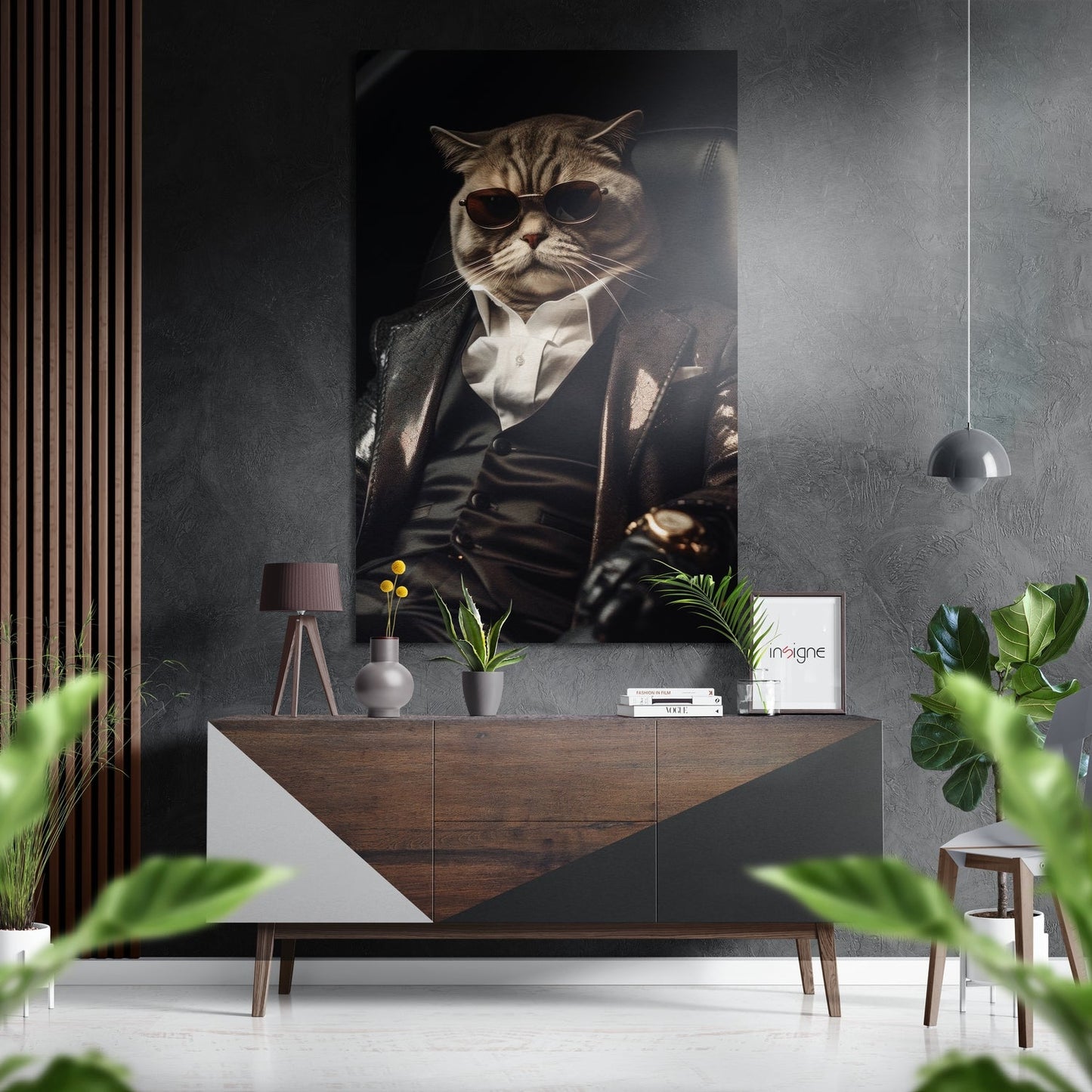Cat Boss in Sunglasses and Suit Brushed Aluminum Dibond Wall Art