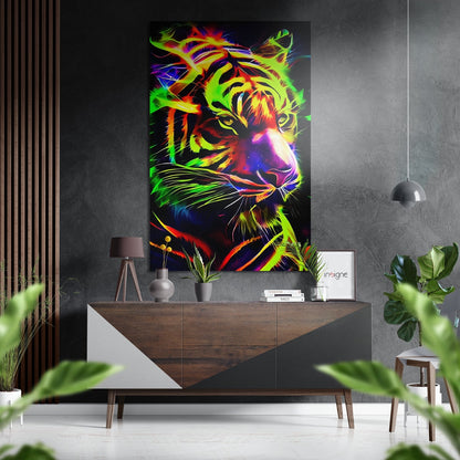 Vibrant neon tiger artwork displayed above a wooden console table in a modern living room setting with plants and decor.