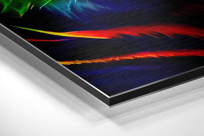 Angled perspective view of neon tiger brushed aluminum Dibond wall art showing vibrant red, orange, yellow, and blue streaked design with layered gray border edges.