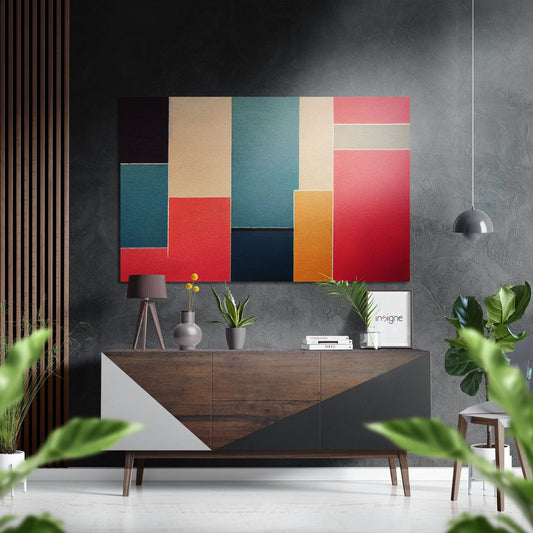Modern interior with red, teal, and cream color block metal wall art hanging above a wooden dresser with plants.