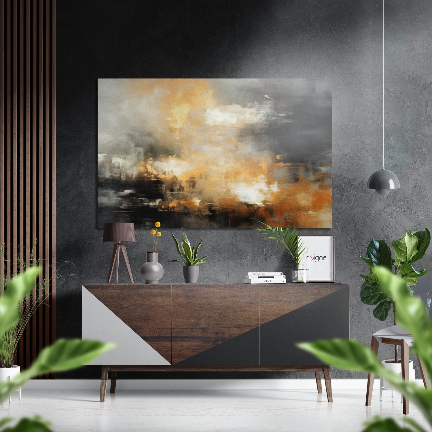 Abstract Oxidation Brushed Aluminum Dibond Wall Art displaying warm orange and cream tones with gray clouds, hung above a wooden dresser in a modern interior.