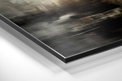 Close-up angled view of brushed aluminum Dibond panel showing dark metallic surface with wood grain texture and silver beveled edge against white background.