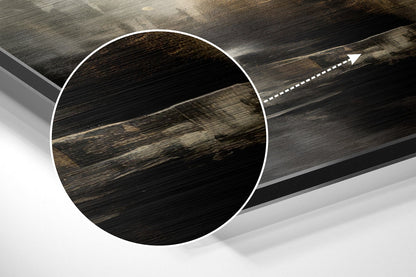 Close-up detail of brushed aluminum surface with dark oxidation streaks and golden-brown patina on angled Dibond panel.