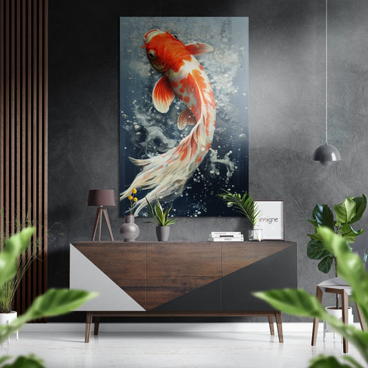 Orange and white koi fish artwork displayed above wooden console table in modern interior with grey walls and potted plants.