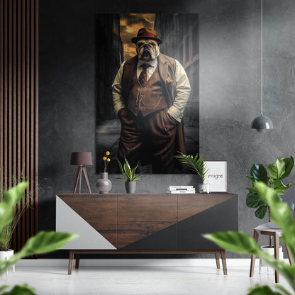 Stylized portrait of a bulldog in fedora and formal suit displayed above a mid-century wooden console in a modern interior with gray walls and potted plants.