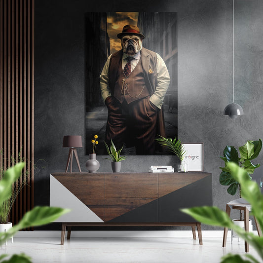 Stylized portrait of a bulldog in fedora and formal suit displayed above a mid-century wooden console in a modern interior with gray walls and potted plants.