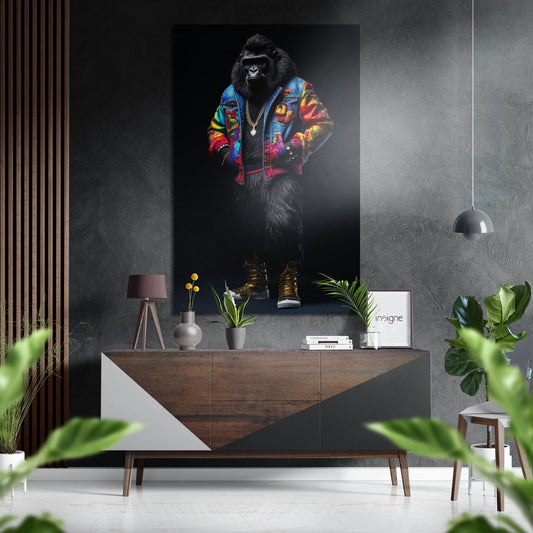Stylish Ape Brushed Aluminum Dibond Wall Art displayed above a wooden console table in a modern interior setting with plants and decor.