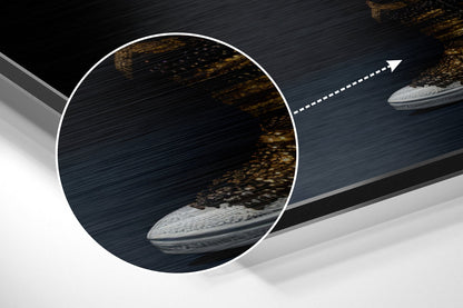 Close-up detail of brushed aluminum Dibond wall art showing textured dark surface with gold and bronze tonal variations and metallic finish.