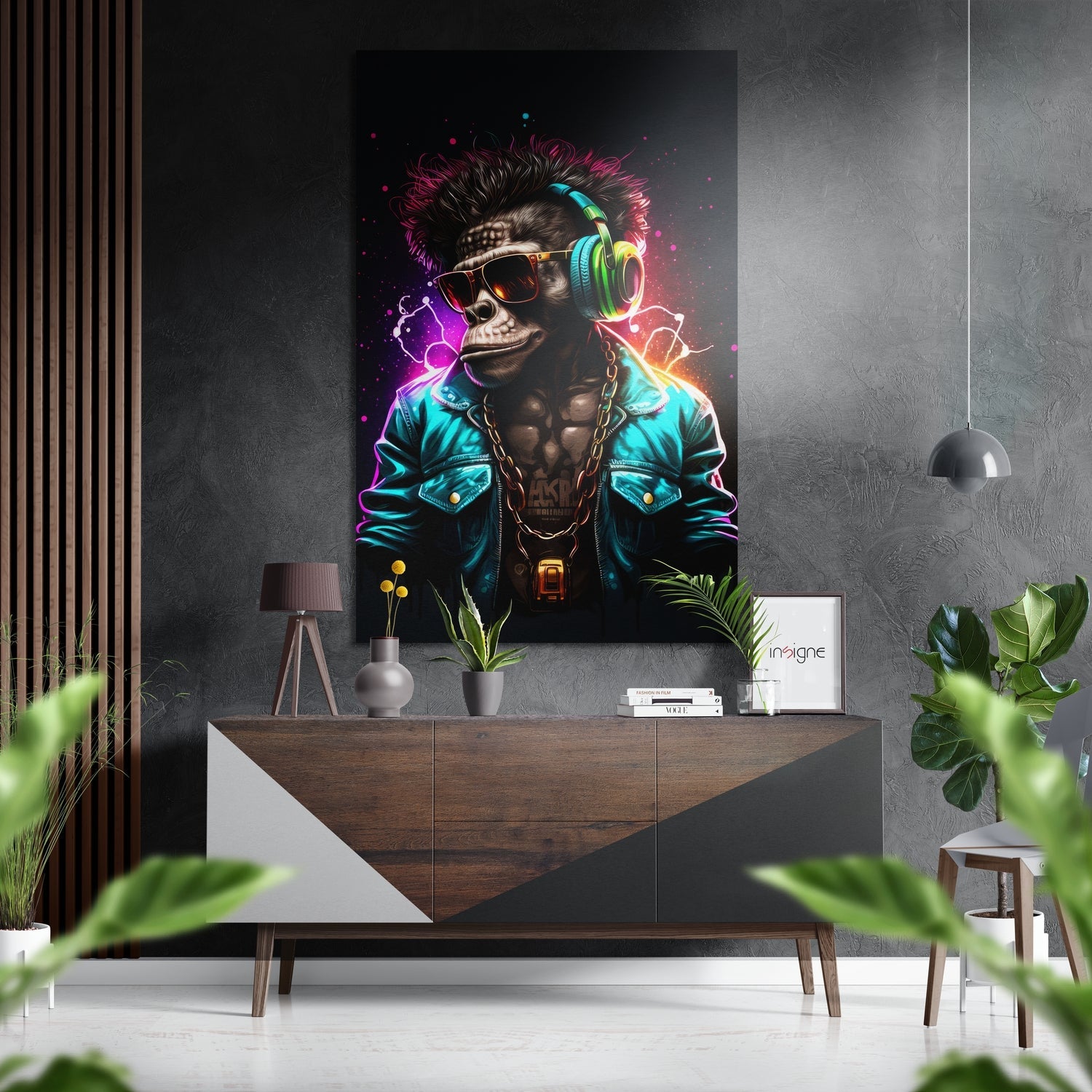 Neon-lit skull character with headphones and sunglasses displayed on dark wall above wooden console in modern interior setting.