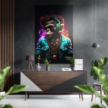 Neon-lit skull character with headphones and sunglasses displayed on dark wall above wooden console in modern interior setting.