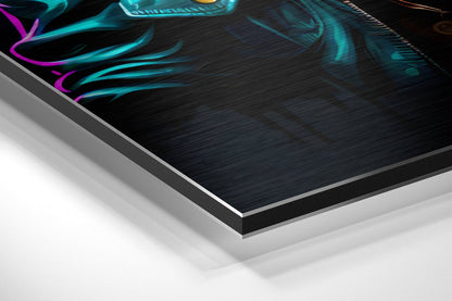 Close-up angled view of layered Dibond panel edge showing brushed aluminum frame with neon cyan and magenta abstract design on dark surface.