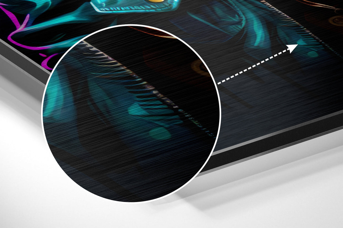 Close-up angled view of brushed aluminum wall art featuring cyan and magenta neon design elements on dark textured background.