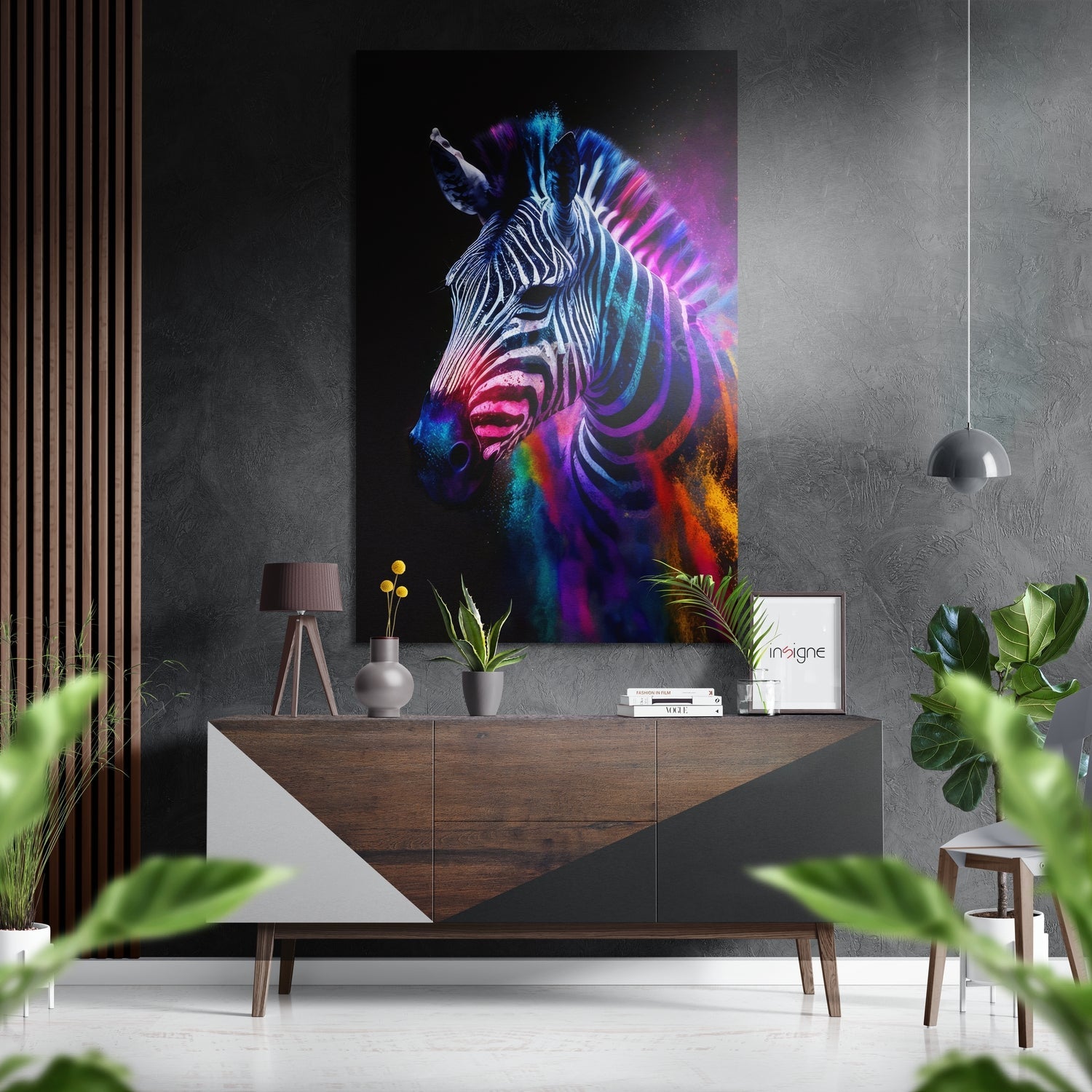 Vibrant neon zebra portrait with rainbow colors displayed on wall above wooden dresser in modern interior setting.