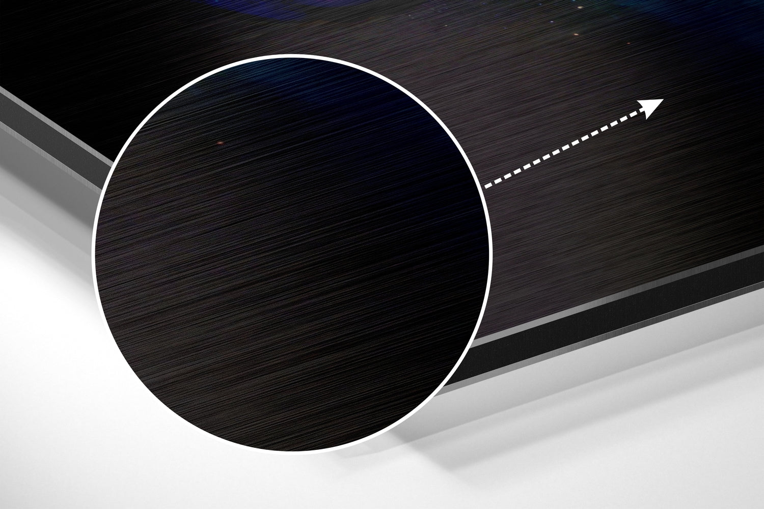 Angled 3D product view of circular brushed aluminum Dibond wall art with white outline and directional arrow on dark striped background.