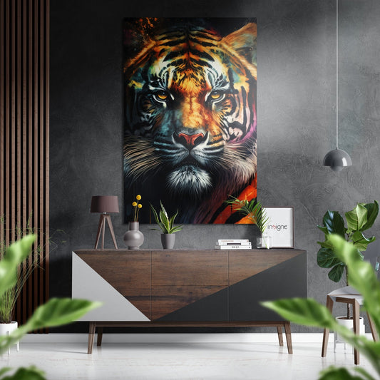 Vibrant tiger face wall art with amber eyes and colorful splashes displayed above a wooden dresser in a modern interior setting.