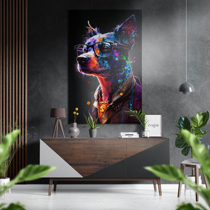 Colorful neon dog wearing glasses displayed on dark wall above wooden console with plants and decor.