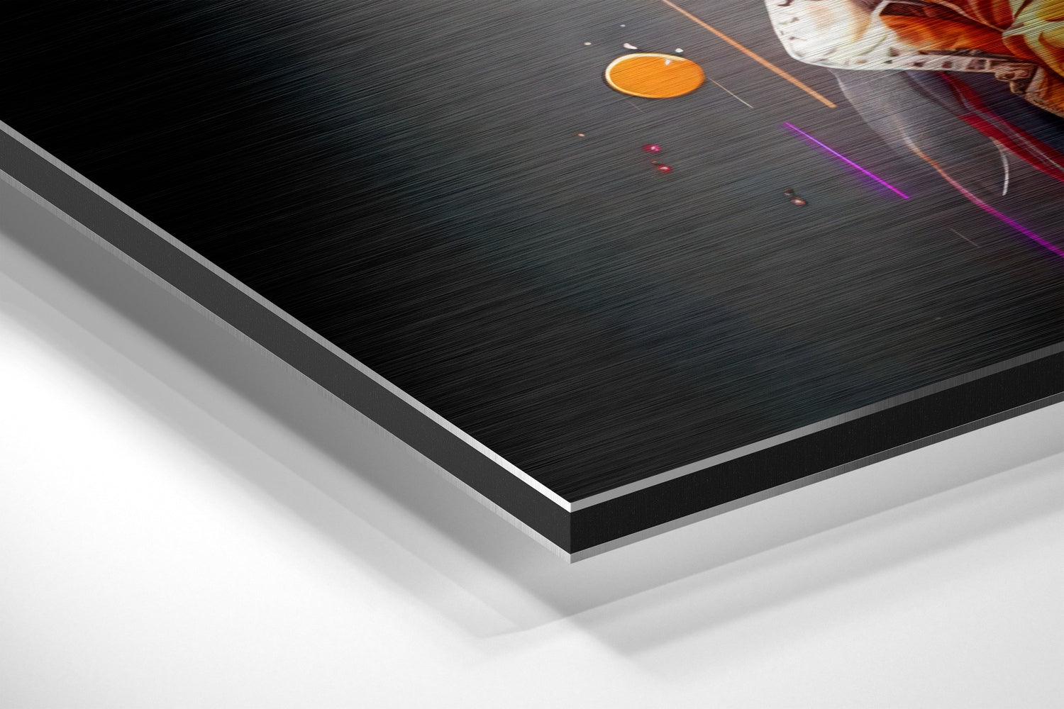 Close-up angled view of brushed aluminum Dibond wall art with black surface, silver beveled edge, and colorful abstract design featuring orange circle and purple lines.