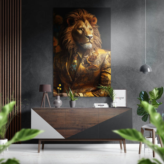 Mr. Lion Brushed Aluminum Dibond Wall Art displayed above a wooden console table in a modern interior with gray textured walls and potted plants.