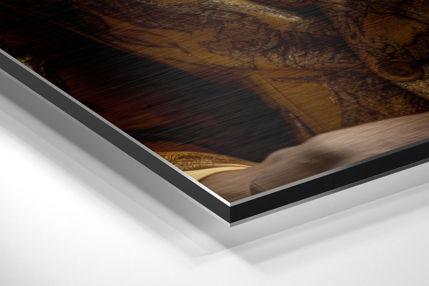 Close-up angled view of layered brushed aluminum and black dibond frame edges showing Mr. Lion artwork detail.