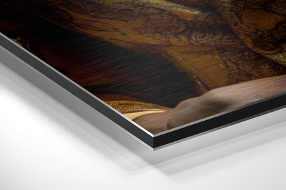 Close-up angled view of layered brushed aluminum and black dibond frame edges showing Mr. Lion artwork detail.