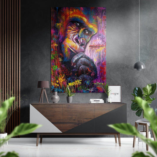 Vibrant multicolored ape portrait with rainbow brushstrokes displayed above mid-century wooden console in modern gray interior.