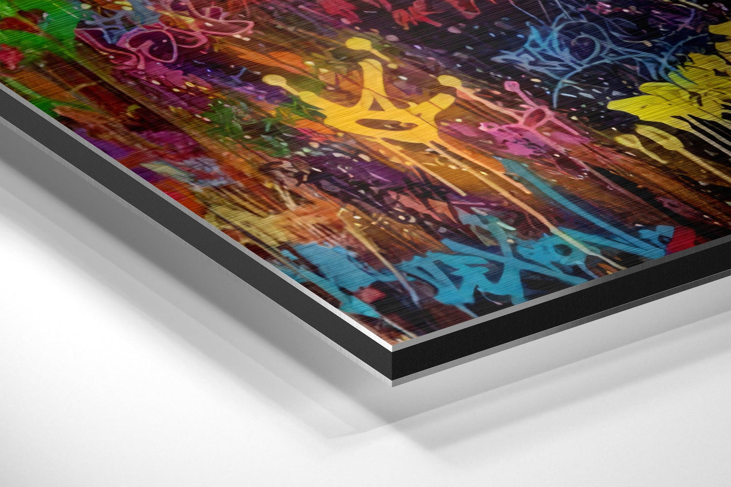 Angled perspective view of colorful abstract graffiti art print mounted on layered brushed aluminum and black dibond panel.