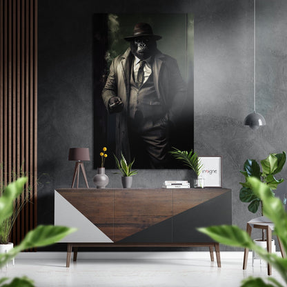 Inspector Gorilla Brushed Aluminum Dibond Wall Art displayed above a mid-century wooden dresser in a modern interior setting with plants and pendant lighting.