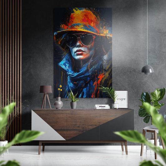 Vibrant portrait of woman wearing red hat and sunglasses with blue and orange brushstrokes displayed above wooden console table in modern room.